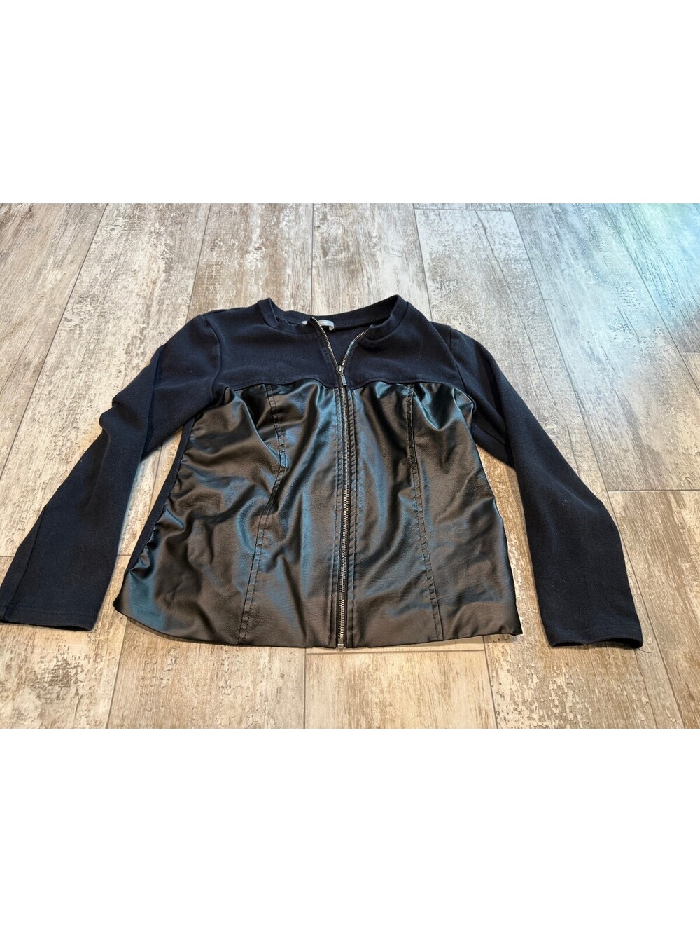 NY Collection L Black Faux Leather Mixed Media Zip Jacket